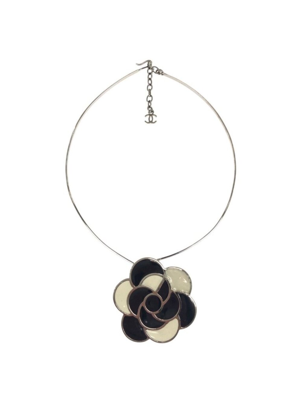 Chanel Vintage Camellia Black White Silver Metal Enamel Choker 98P Stamp